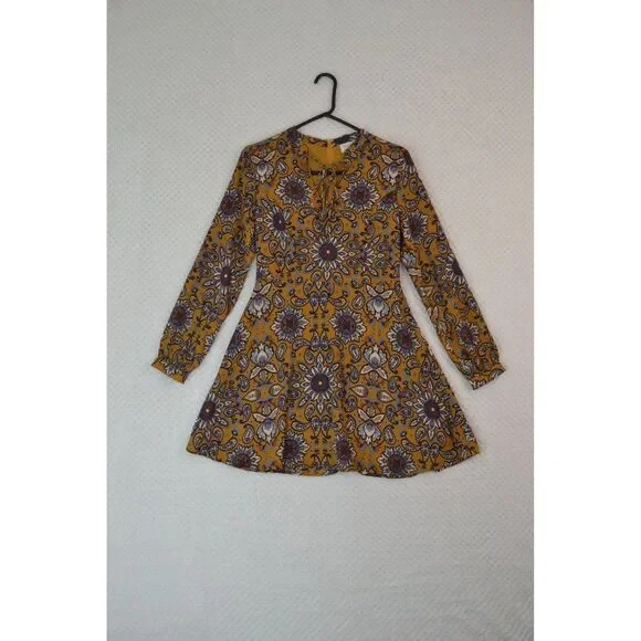 Everly Anthro Women's Small Gold Fit & Flare Long Sleeve Paisley Print Dress - Picture 1 of 16